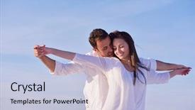  Presentation with romantic beach - PPT theme enhanced with happy young romantic couple in love have fun on beautiful beach at beautiful summer day background and a light blue colored foreground