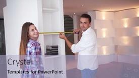  Presentation with home renovation - Theme with happy young romantic couple at new modern home interior renovation background and a light blue colored foreground
