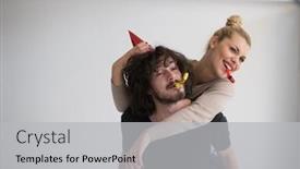  Presentation with romantic christmas - Slide deck with happy young romantic couple in love celebrating and blowing confetti decorations at new year and christmas party background and a light gray colored foreground