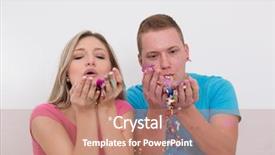  Presentation with confetti - Amazing slide deck having happy young romantic couple in love celebrating and blowing confetti decorations at new year and charismas party backdrop and a coral colored foreground