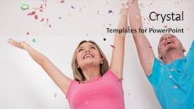  Presentation with confetti - Beautiful theme featuring happy young romantic couple in love celebrating and blowing confetti decorations at new year and charismas party backdrop and a lemonade colored foreground