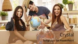  Presentation with summer holiday - Presentation design consisting of happy young roommates planning summer background and a  colored foreground