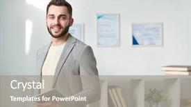  Presentation with self - Colorful slide deck enhanced with happy young self-employed businessman backdrop and a gray colored foreground