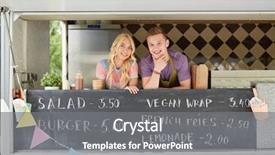  Presentation with food truck - PPT layouts featuring happy young sellers at food background and a  colored foreground