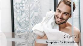  Presentation with mirror - Slides consisting of happy young shirtless man looking at himself at the bathroom mirror background and a mint green colored foreground