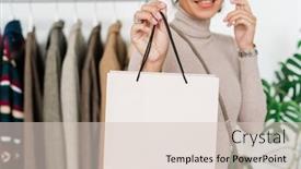  Presentation with boutique - Amazing presentation theme having happy young shopaholic in casualwear holding white paperbag in front of camera while shopping in boutique backdrop and a lemonade colored foreground