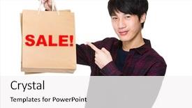  Presentation with finger point - Colorful slide deck enhanced with happy young shopper with finger point to paper bag for showing a word sale backdrop and a white colored foreground