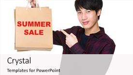  Presentation with finger point - Slide deck featuring happy young shopper with finger point to paper bag for showing phrase of summer sale background and a white colored foreground
