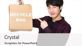  Presentation with finger point - Slides with happy young shopper with finger point to paper bag for showing phrase of recycle bag background and a white colored foreground