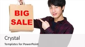  Presentation with finger point - Theme featuring happy young shopper with finger point to paper bag for showing phrase of big sale background and a white colored foreground