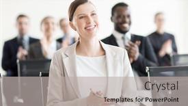  Presentation with speaker - Presentation featuring happy young specialist applauding to speaker after presentation at conference background and a light gray colored foreground