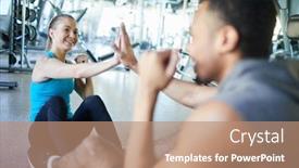  Presentation with coach - PPT layouts with happy young sportswoman giving high five to her coach or mate while enjoying break after training background and a coral colored foreground