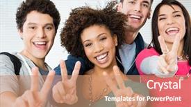  Presentation with victory - Slide set enhanced with young students showing victory sign background and a coral colored foreground