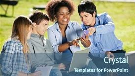  Presentation with technology students - Slide deck featuring happy young students with using background and a ocean colored foreground