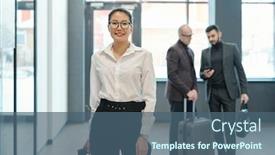  Presentation with luggage - Cool new PPT theme with happy-young-successful-female-business backdrop and a ocean colored foreground