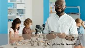  Presentation with robots - Slide deck consisting of happy-young-successful-robotics-teacher background and a coral colored foreground