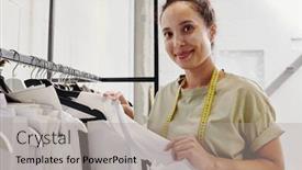  Presentation with creative - PPT layouts having happy-young-tailor-or-creative background and a light gray colored foreground