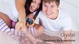  Presentation with young happy couple - PPT theme with happy young teenage couple playing computer games background and a coral colored foreground