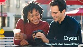  Presentation with cafeteria - Slide set featuring happy young tourist couple looking at pictures in their camera in a cafe smiling couple looking at their photos on the screen of camera in the cafe outdoor multi ethnic couple sitting at cafeteria background and a tawny brown colored foreground