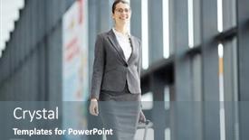  Presentation with airport lounge - Theme having happy young traveler with suitcase walking along contemporary airport lounge before departure background and a gray colored foreground