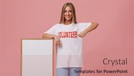  Presentation with volunteer - Audience pleasing presentation design consisting of happy young volunteer girl standing isolated over pink background showing blank board backdrop and a coral colored foreground