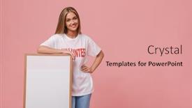  Presentation with volunteer - Presentation theme featuring happy young volunteer girl standing isolated over pink background showing blank board background and a coral colored foreground