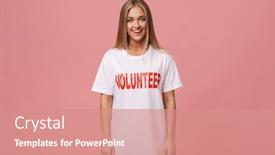  Presentation with volunteer - Amazing presentation theme having happy young volunteer girl standing isolated over pink background backdrop and a coral colored foreground