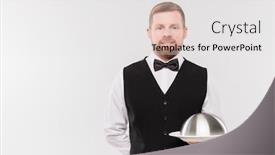  Presentation with waiter - Beautiful PPT layouts featuring happy-young-waiter-in-waistcoat backdrop and a white colored foreground