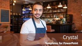  Presentation with restaurant waiter - Amazing slide deck having happy-young-waiter-in-white backdrop and a tawny brown colored foreground