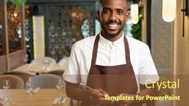 Presentation with restaurant waiter - Cool new PPT layouts with happy-young-waiter-with-toothy backdrop and a tawny brown colored foreground