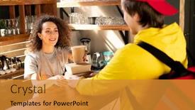  Presentation with courier - Amazing PPT theme having happy-young-waitress-of-restaurant backdrop and a gold colored foreground