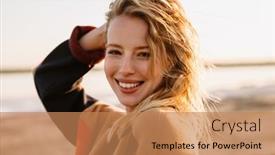  Presentation with seashore - PPT theme enhanced with happy-young-white-woman-smiling background and a coral colored foreground