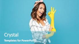  Presentation with rubber gloves - PPT layouts featuring happy young woman 20s housekeeping background and a teal colored foreground