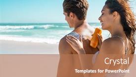 Presentation with sunscreen - Presentation design with happy-young-woman-applying-suntan background and a coral colored foreground