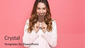  Presentation with chocolate - PPT layouts with happy young woman biting chocolate background and a lemonade colored foreground