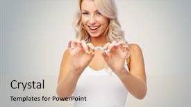  Presentation with addiction - Theme having happy young woman breaking cigarette background and a lemonade colored foreground