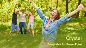  Presentation with victory team - Theme consisting of happy-young-woman-celebrating-victory background and a  colored foreground