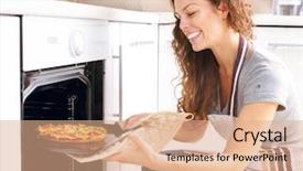  Presentation with pizza - Presentation enhanced with happy young woman cooking pizza background and a coral colored foreground