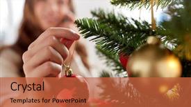  Presentation with christmas holidays - Audience pleasing PPT theme consisting of happy young woman decorating christmas backdrop and a red colored foreground