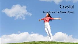  Presentation with dreams - Presentation design enhanced with happy young woman dreams to fly on winds background and a light blue colored foreground