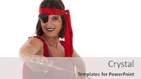  Presentation with pirate - Slide deck featuring happy young woman dressed with a pirate outfit isolated on white background and a light gray colored foreground