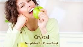  Presentation with diet low carb concept healthy - Beautiful slides featuring happy young woman eating apple backdrop and a soft green colored foreground