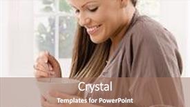  Presentation with breakfast cereal - PPT layouts featuring happy young woman eating breakfast cereal and drinking orange juice smiling background and a coral colored foreground