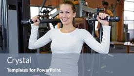  Presentation with press - Amazing presentation theme having happy young woman exercising on a shoulder press in fitness center backdrop and a seafoam green colored foreground