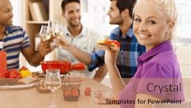  Presentation with dinner party - Colorful PPT layouts enhanced with happy young woman having dinner party with friends smiling looking at camera backdrop and a coral colored foreground
