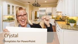  Presentation with custom - Cool new slide deck with happy young woman holding blank sign and keys inside beautiful custom kitchen backdrop and a lemonade colored foreground