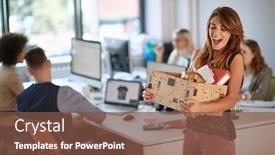  Presentation with fresh start - PPT theme enhanced with happy-young-woman-holding-box background and a tawny brown colored foreground