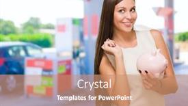  Presentation with petrol station - PPT theme consisting of happy young woman holding coin and piggy bank at a petrol station background and a coral colored foreground