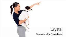  Presentation with happy young student girl holding - Amazing PPT theme having happy young woman holding dog backdrop and a  colored foreground