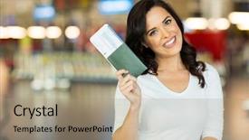  Presentation with airport boarding pass - Theme featuring happy young woman holding pass background and a coral colored foreground